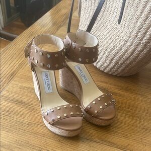 Jimmy Choo Tan Studded Wedge Sandals